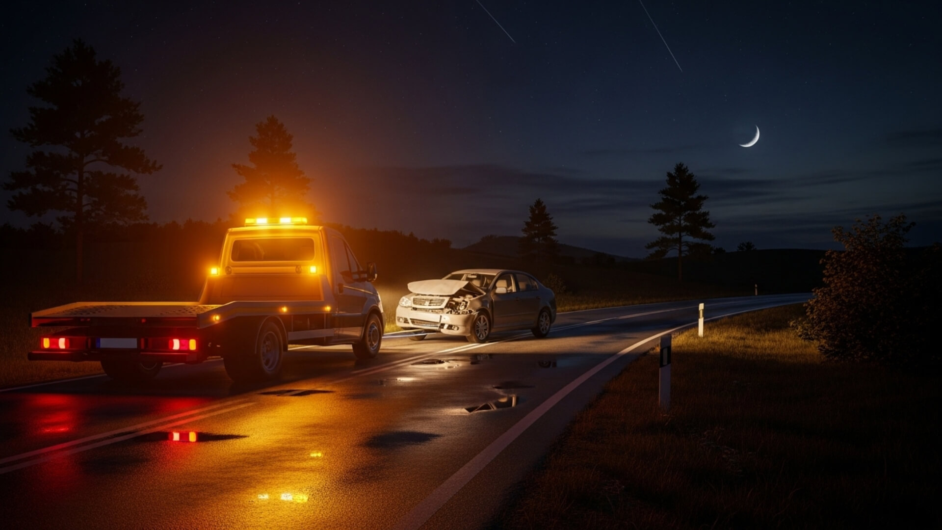 A heroic tow truck under a dramatic, starry night sky, with its headlights piercing the darkness.